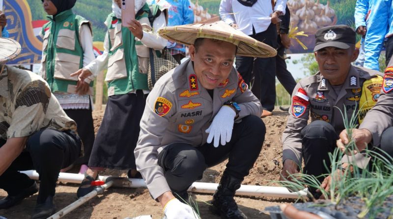 Kapolda Sulawesi Tengah Irjen Pol. Nasri, S.I.K., M.H., saat menanam bawang putih secara serentak dalam rangka mendukung percepatan swasembada bawang putih nasional di Desa Oloboju, Kecamatan Sigi Kota, Kabupaten Sigi Rabu 19/8/2026 Siang.